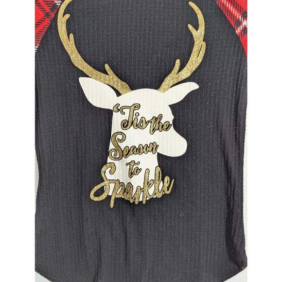 Junior Women's Red Black Tis The Season Deer Glitter Holiday Christmas Shirt 3-5 - Picture 2 of 6